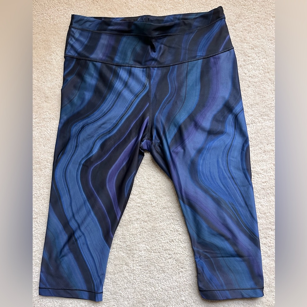 Athleta Accelerate Geode Crop Leggings in Black, Blue, and Purple Swirl Print